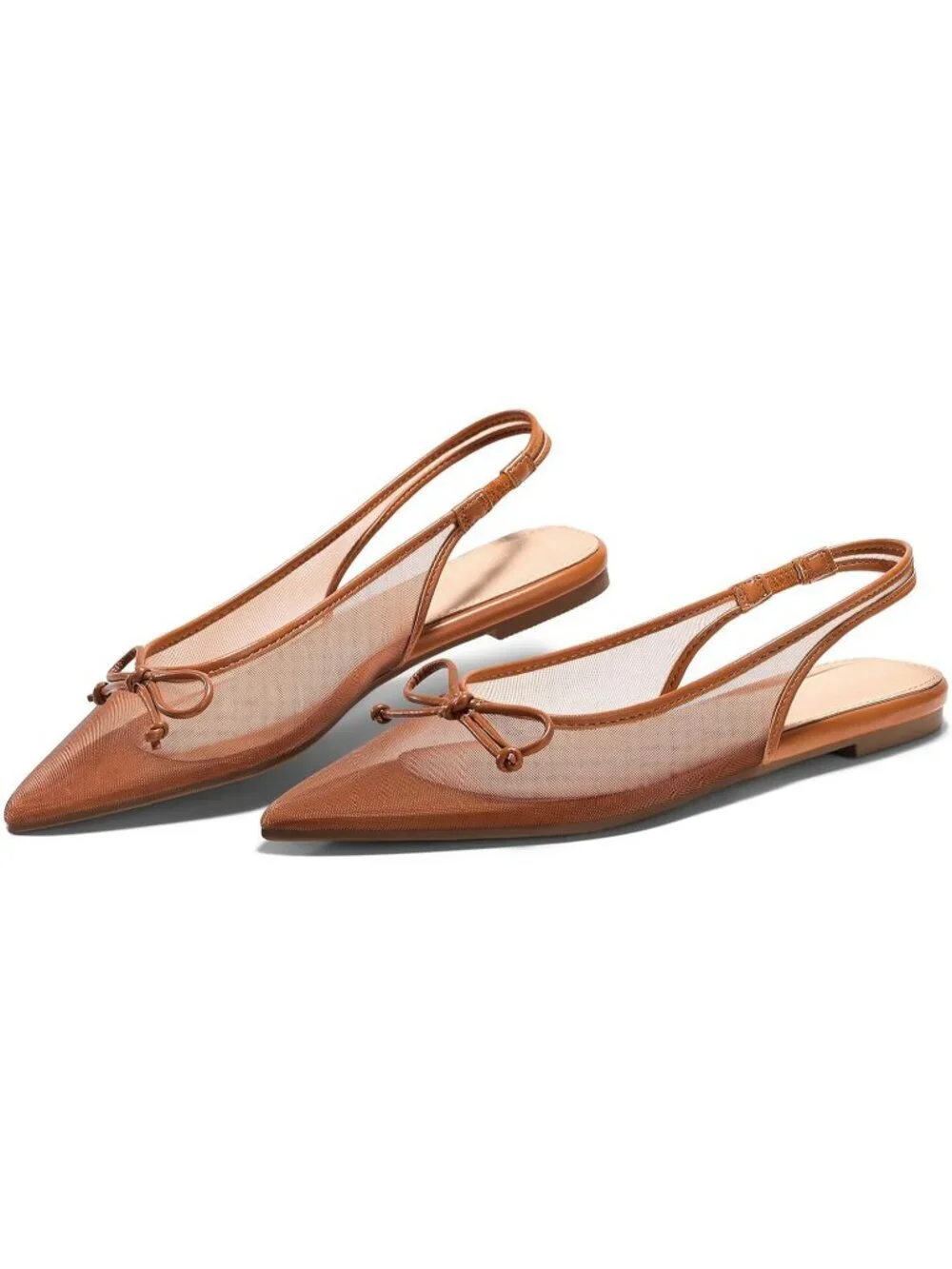 Women's Brown Slingback Flats Bow Closed Pointed Toe Mesh Ballet Flats Low Heel
